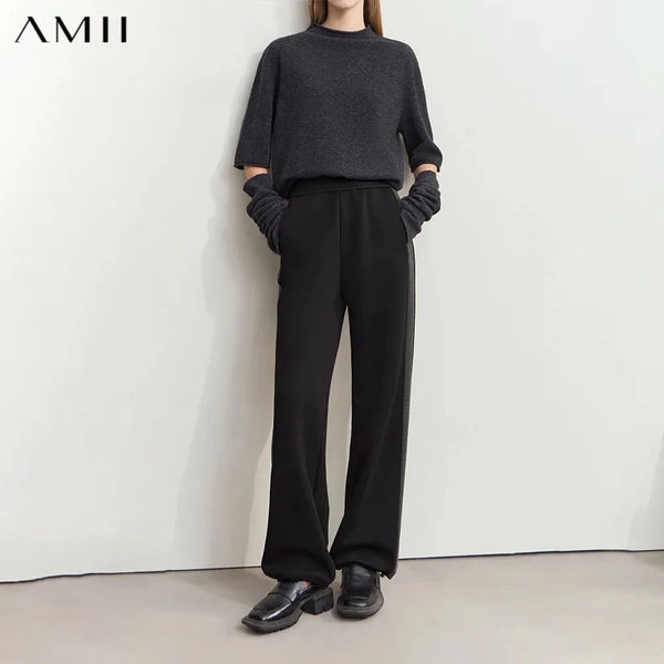 Amii 2026 Winter Women Clothes Rubber Band Waist Contrasting Color Splicing Velvet Casual Trousers Loose Two-wear Pants 12444239