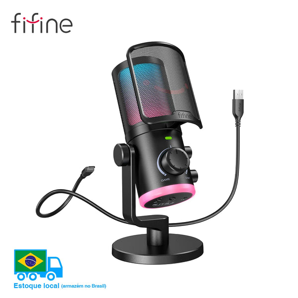 FIFINE USB Gaming Microphone with Noise Cancellation/RGB/Gain&Balance Knob,Condenser Mic for Streaming Podcasting-Ampligame AM6