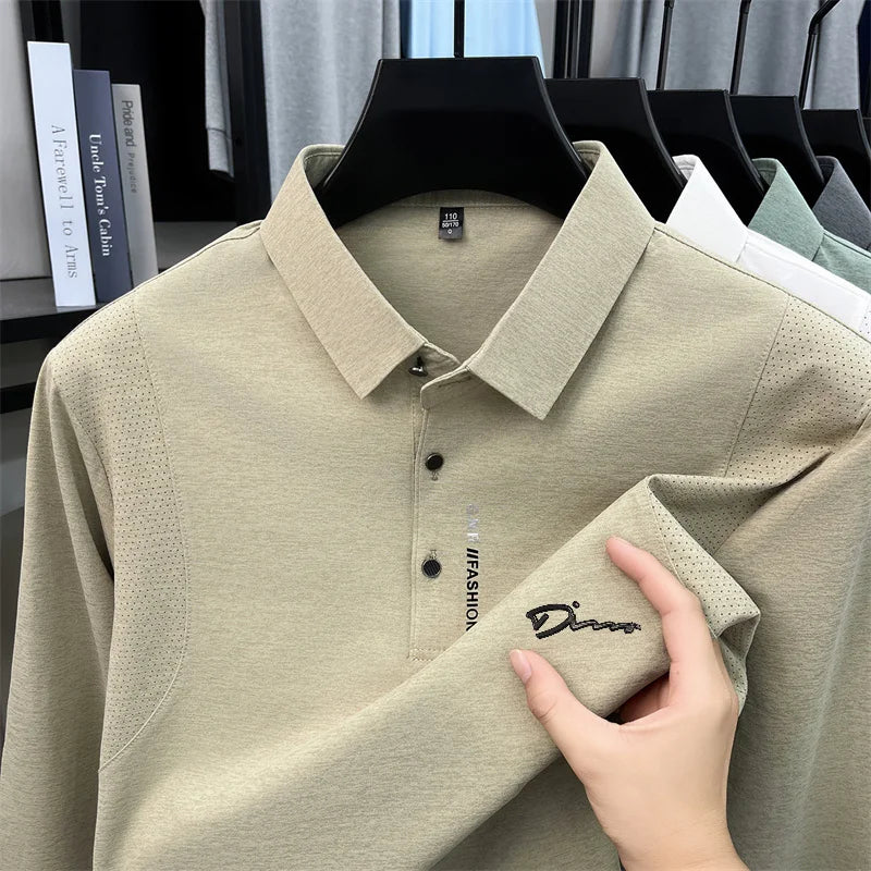 Luxury Men Long-Sleeve Polo Shirt Lapel Button Letter Print Breathable Autumn Winter New Leisure Sports Versatile Men's Clothing