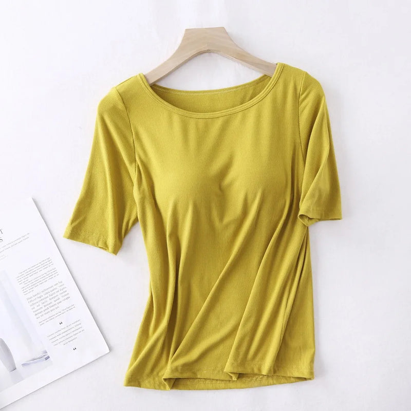 One Piece Pajamas Tops For Women New Short Sleeve Modal Cotton Sleepwear T-shirt Chest Pad Casual Underwear Sleeping Pijama