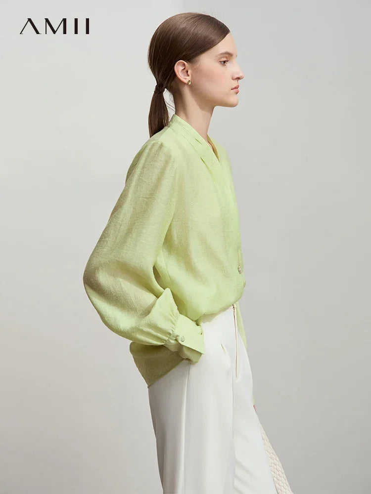 អាវ AMII Minimalist Chiffon សម្រាប់នារី រដូវស្លឹកឈើជ្រុះ ឆ្នាំ២០២៥ អក្សរសាស្ត្រ Retro ស្រាល ខ្យល់ចេញចូលបាន ធ្វើពីក្រណាត់ទេសឯក Lycra ប៊ូតុងរលុង 12541094