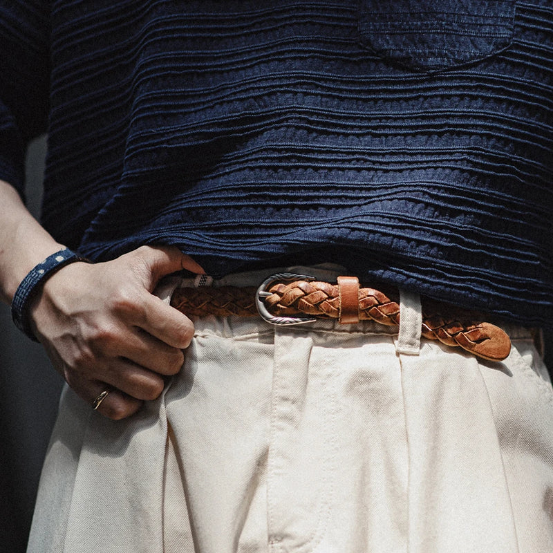 Maden Vintage Woven Vegetable Tanned Cowhide Leather Belt Accessories with Two-layer Cowhide for Men's Versatile Brown Belt