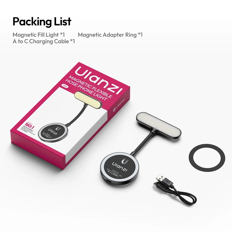 ភ្លើងទូរស័ព្ទ Ulanzi M10 ម៉ាញេទិក អាចបត់បែនបាន ពីរពណ៌ 2500-4500K 400mAh ភ្លើងបំពេញអាចលៃតម្រូវបាន 5 កម្រិត សម្រាប់ Iphone 17 16 Android iPad