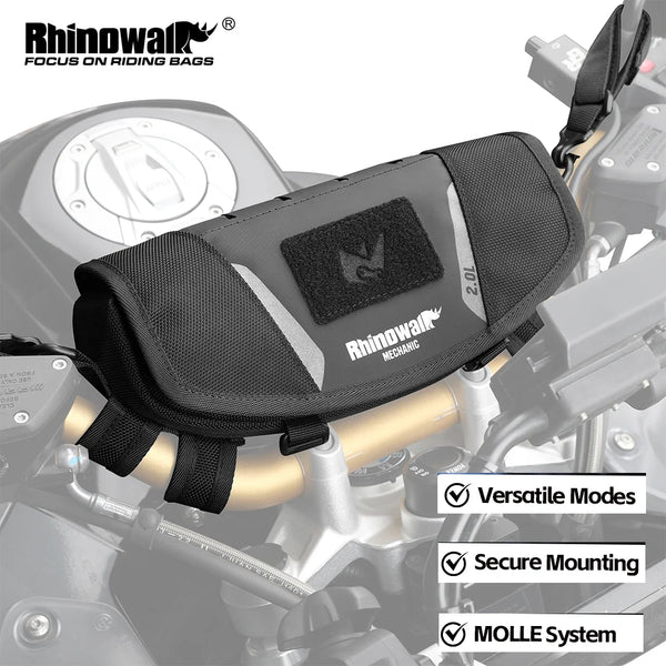 កាបូបដៃចង្កូតម៉ូតូ Rhinowalk ការពារទឹកជ្រាប 2L ប្រអប់ផ្ទុកខាងមុខជាសកល ជាមួយនឹងគម្របភ្លៀងសម្រាប់ BMW1250ADV KTM890 CF450 Kawasaki