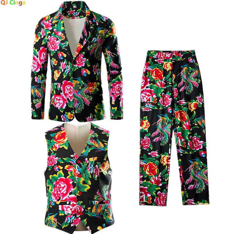 Men's Red Three-piece Suit for Spring and Fall; Red Printed Cotton Jacket and Vest Paired with Trousers for Weddings Parties.