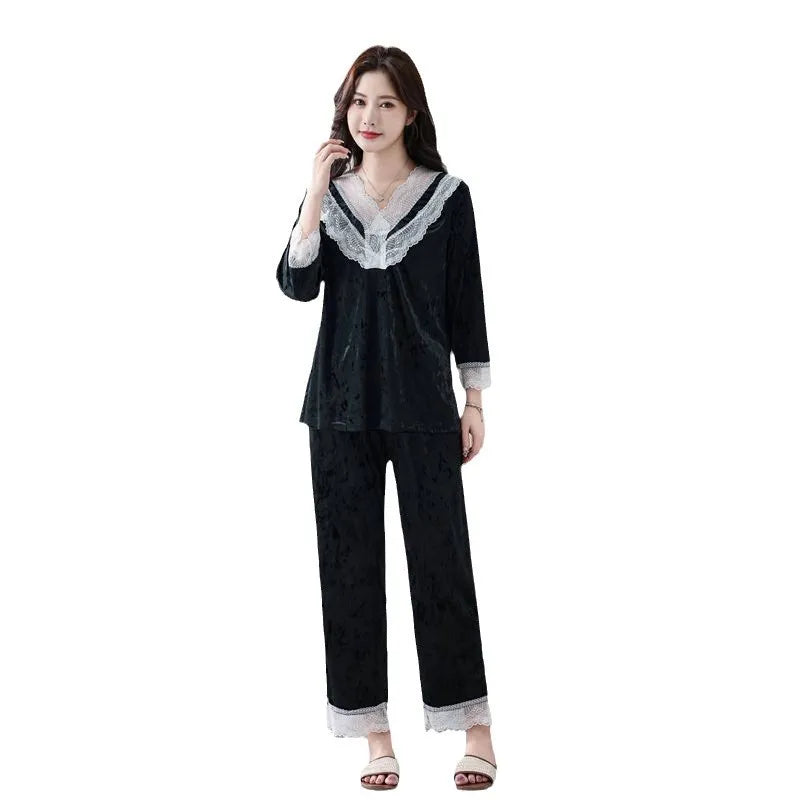 XL-6XL High End Gold Velvet Pajamas For Women's Autumn And Winter Long Sleeved Home Clothing Set Sexy French Sleepwear Suit