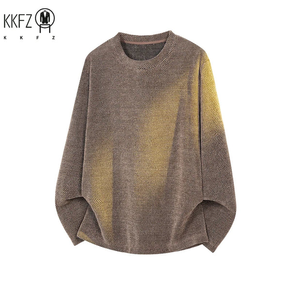 Male Street Fashion Long Sleeve Knit Shirt Crew Neck Vintage Washed Dye Gradient Texture For Outdoor Hangout Wear