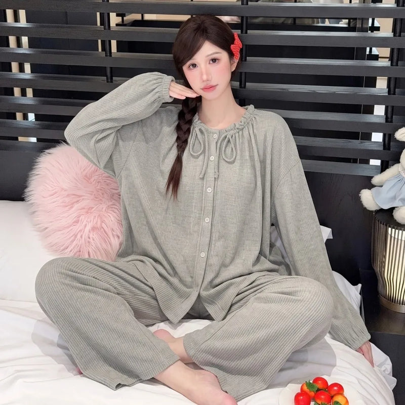 Solid Color Mujer Pijama Sleepwear Women's 2-piece Sets Autumn New Long Sleeve Nightwear for Women Pajamas Comfort for Homewear