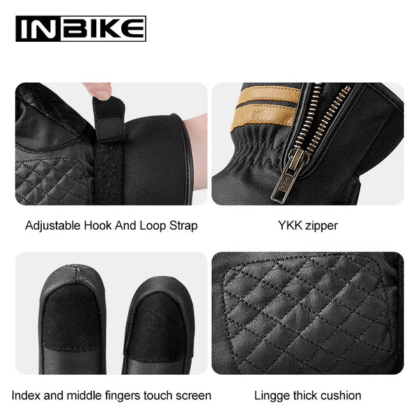 INBIKE Winter Motorcycle Gloves Man Full Finger Thermal Touch Screen Windproof Sheepskin Leather Padded Motorbike Gloves for Men