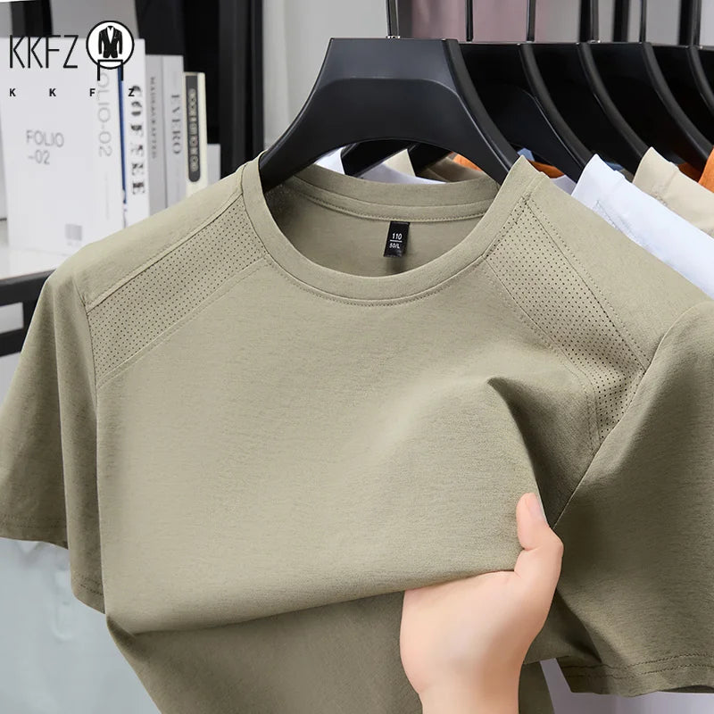 All Season Basic Solid Male Short Sleeve T Shirt Mesh Spliced Shoulder Home Rest Daily Commute Leisure Garment