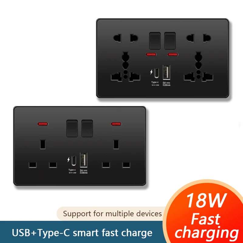 Universal 18W Fast Type C Wall 220V Power Outlet Plug, UK Black 13A Socket Switch, Electrical Wall Socket Panel with USB Charger