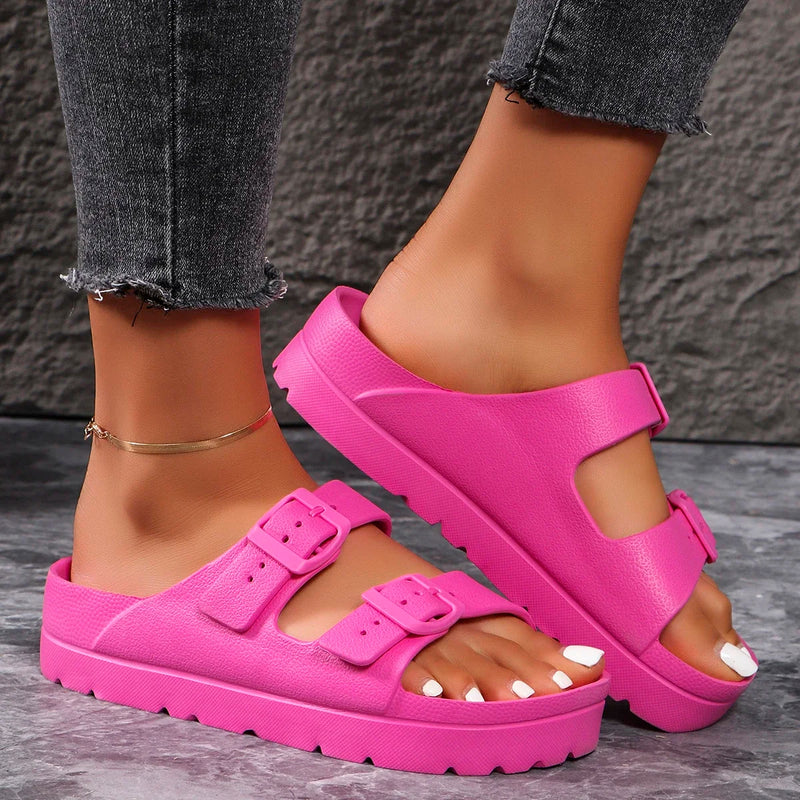 4cm High Ladies Slippers with Two Straps Double Buckles Platform Sandals Women Slides Cushion Lightweight 12 Colors Options