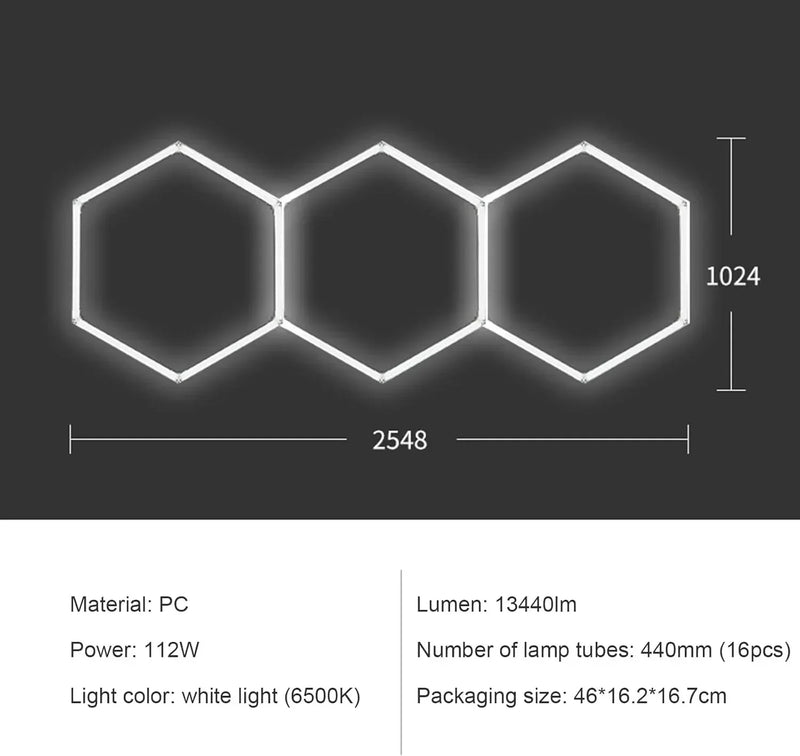 Hexagon Garage Lights Grids LED Ceiling Lamp 6500K Super Bright Honeycomb Lights Ceiling for Warehouse Car Shop Exhibition Hall