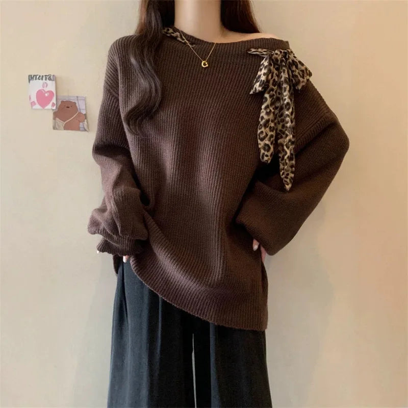 Sweater Female Korean Leopard Print Autumn Winter Soft  Lace-up Off-shoulder Lazy Wind Knitted Top Pullover Jumper Women