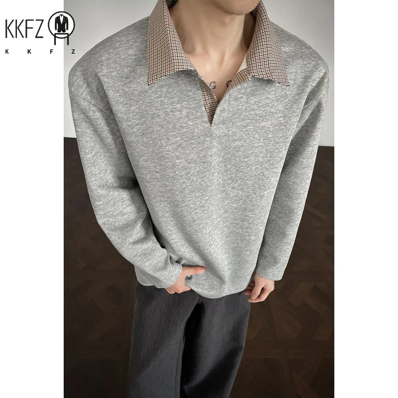 Male Loose Fit Knit Long Sleeve Polo Top Contrast Plaid Collar Airy Fabric For Office Commute And Leisure Occasions