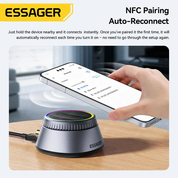 ឧបករណ៍ទទួលសំឡេង Essager Bluetooth 6.0 3.5mm RCA Music Wireless Adapter ជាមួយភ្លើង RGB សម្រាប់ទូរស័ព្ទ NFC Android សម្រាប់ឧបករណ៍បំពងសម្លេងរថយន្ត