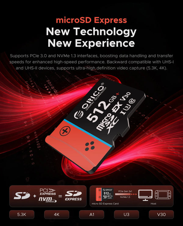 ORICO MicroSD Express Card UHS-I, C10, U3, V30, Full HD, 4K, Up to 890 Memory Card for Nintendo-Switch 2 Steam Deck Gaming