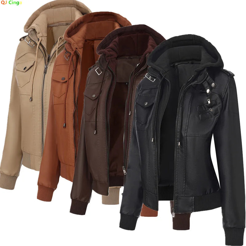 2027 New Women's Long-Sleeve Hooded Faux Leather Jacket—a Lightweight, Slim-fit PU Biker Coat for Spring/Fall.Black,Brown,Khaki.