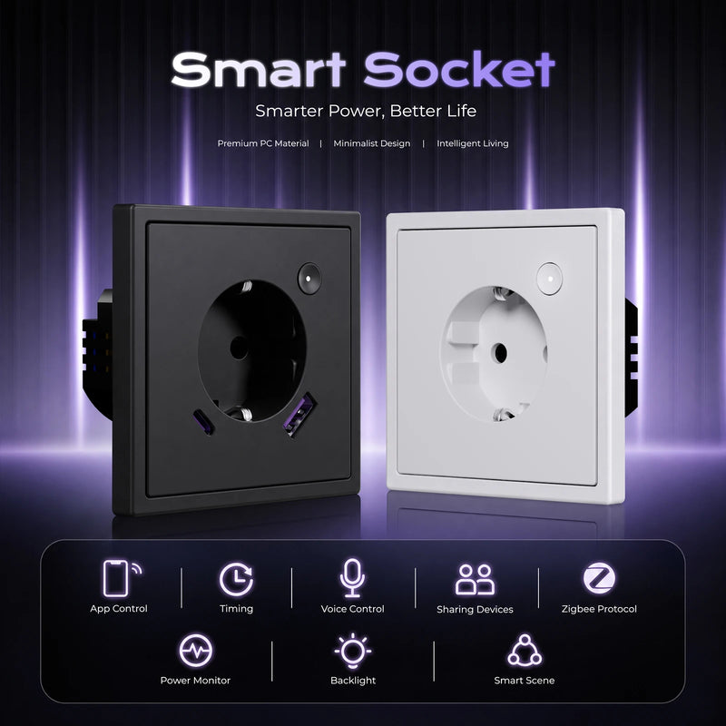 BSEED E Series Zigbee Socket Smart Power Monitor Socket 20W Fast Charge USB Type-C Port Tuya Smart Life Control Plastic Frame