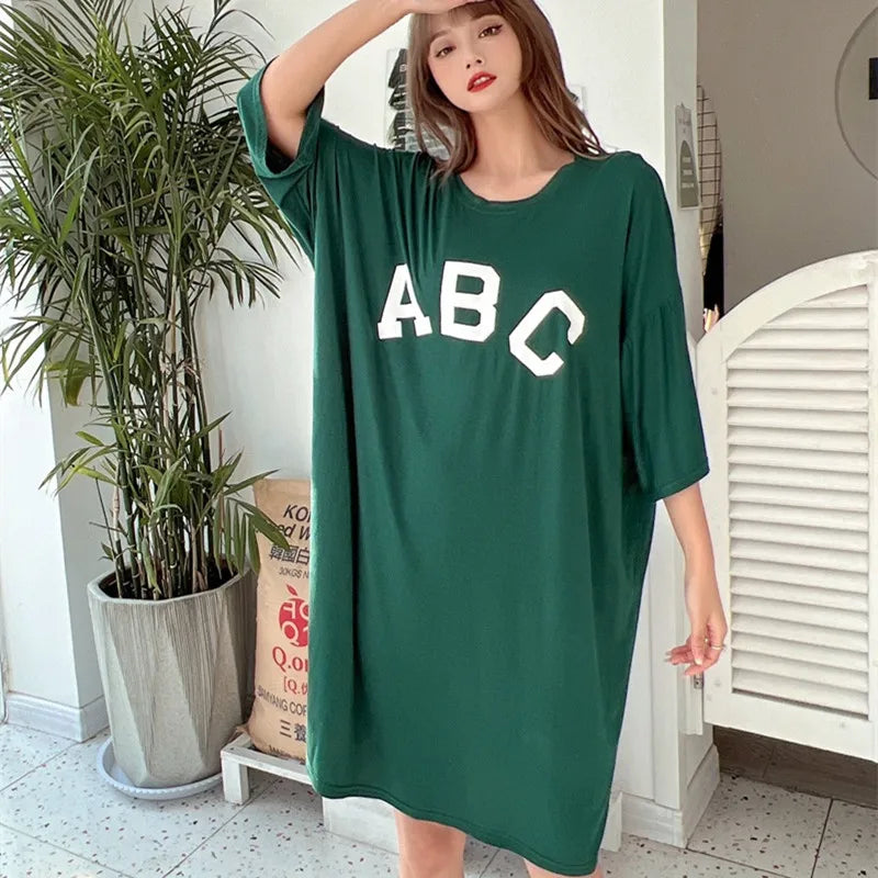 Fdfklak Casual Loose Night Dress Women Modal Comfortable Nightshirt Female Letter Sleepshirt Spring Summer Nightgowns 50-110 KG