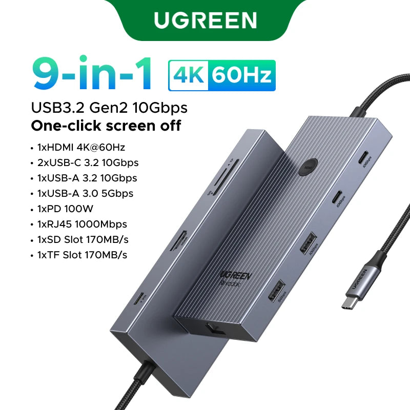 UGREEN USB HUB 9-in-1 4K60Hz HDMI PD100W RJ45 SD/TF USB3.2 Gen2 10Gbps for Laptop Accessories Dell MacBook HP Splitter Docking