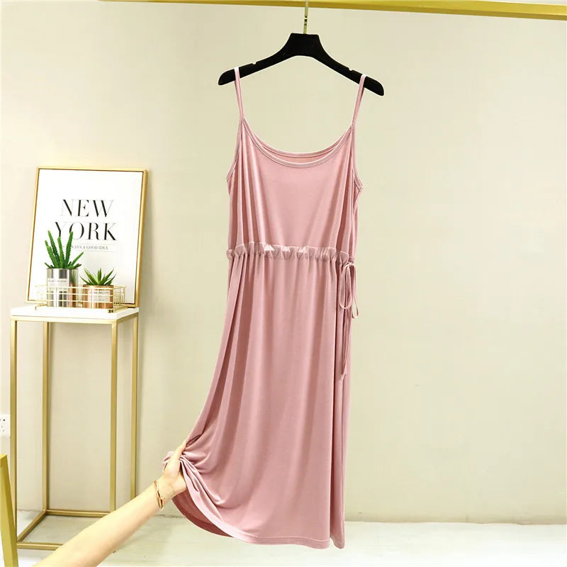 Fdfklak New Modal Cotton Night Dresses For Women 2025 Sexy Suspenders Nightshirt Drawstring Waist Slim Nightgowns Female