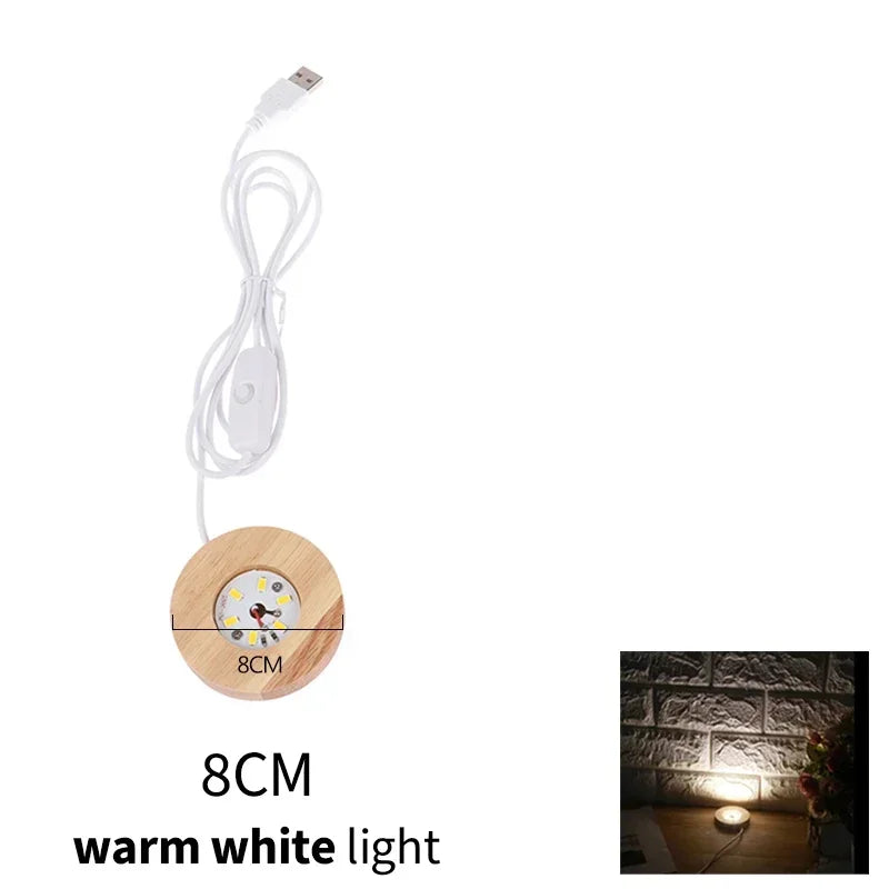 4pcs LED Wood Display Base Round USB Light Stand for Crystal Glass Resin Art Ornament Wooden Night Lamp Base LED Light Stand