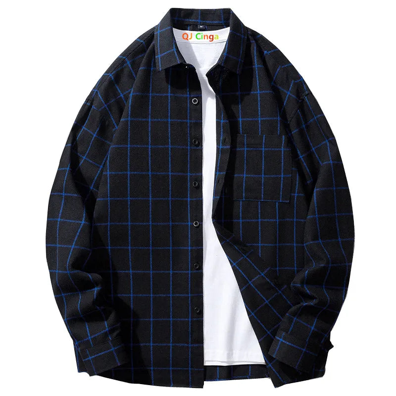 2026 New Men's Black Long Sleeve Shirt with Blue Striped Grid Decoration Casual Loose Fit Fashion Top Shirt