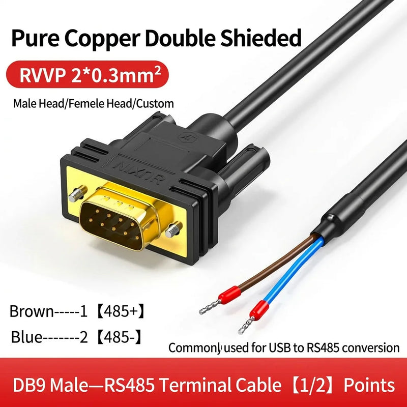 DIVEDEER DB9 Serial Cable RS232 RS485 Adapter Cord 3-Core 235 Terminal Wire 9-Pin COM Port Connector Single-End Male & Female