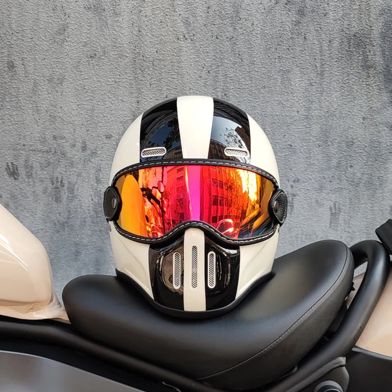Retro ORZ helmet, fiberglass full face helmet, caf é racing driver, lightweight shell, motorcycle helmet, retro leather
