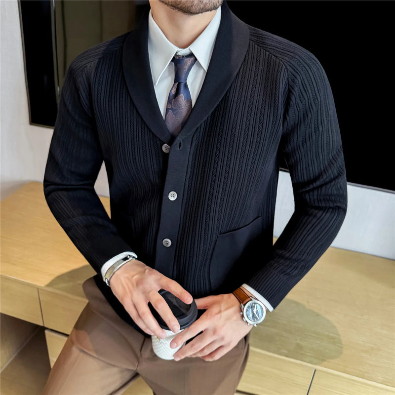 Men's Shawl Collar Knit Cardigan, Old Money Style Stripe Design, Thickened Autumn Winter, White Gray Black
