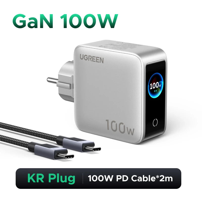 UGREEN 100W GaN Charger With Smart Display QC4.0 PD 3.0 USB C Charger For MacbookPro Laptop iPhone 18 17 Pro iPad Tablet Samsung