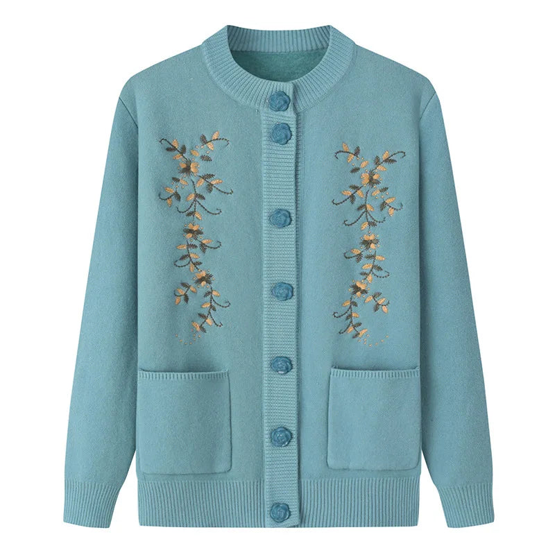 Fdfklak Vintage Print Woolen Shirt Casual Knitted Sweater Women Autumn Winter Velvet Cardigans Coat Middle Aged Mother Tops