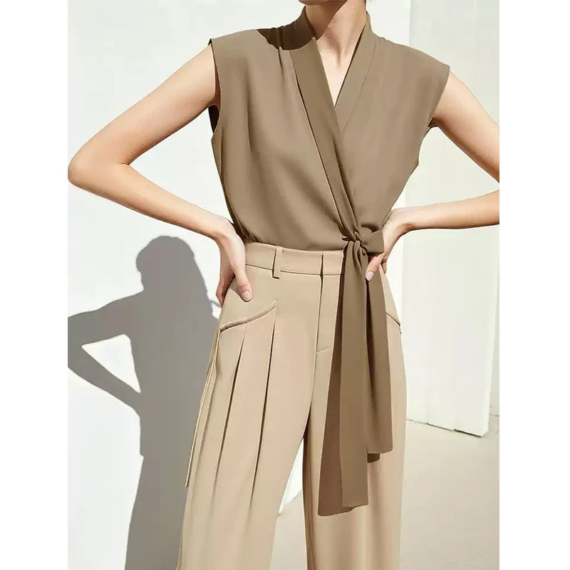 Amii Elegant Women's Blouse 2026 Summer New V-Neck Sleeveless Chiffon Top Satin Spliced Office Flowy Shirt For Women 12642213