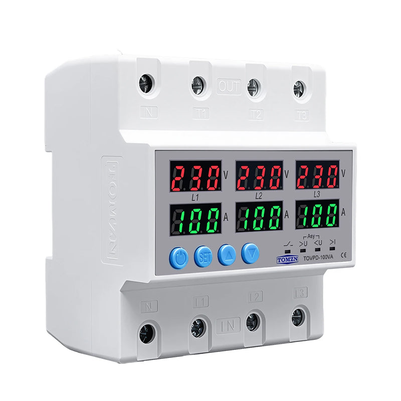 TOMZN 100A 3Phase Din Rail Voltmeter Ammeter Adjustable Over and Under Voltage Current Limit Protection Monitor Relays Protector