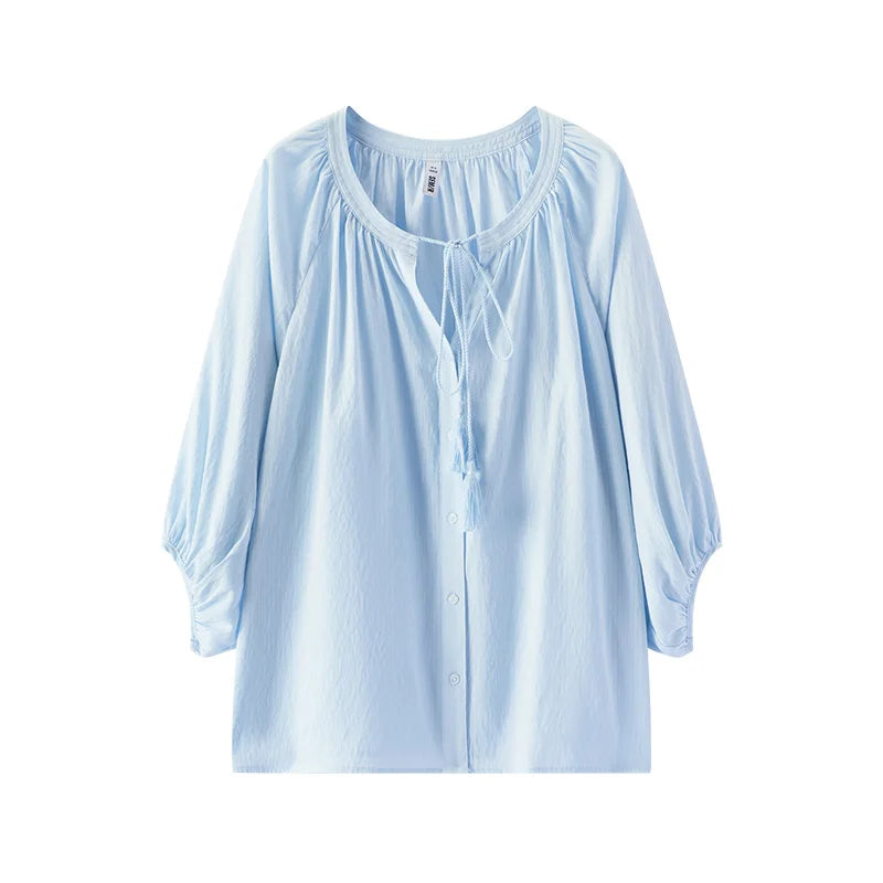 Semir Women Shirt 7/8 Lantern Sleeve Tassel Oversized Texture Shirt 2026 Summer Artistic Style