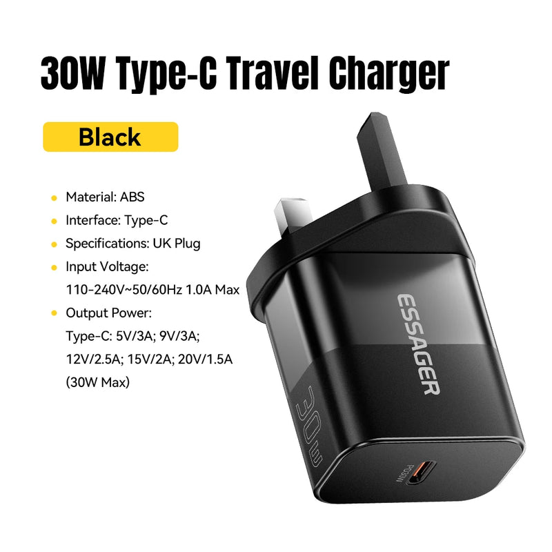 Essager 30W Type C Travel Charger Portable USB C Charger PD Fast Charging For iPhone 16 15 14 13 Pro Max Xiaomi Galaxy S24 Ultra