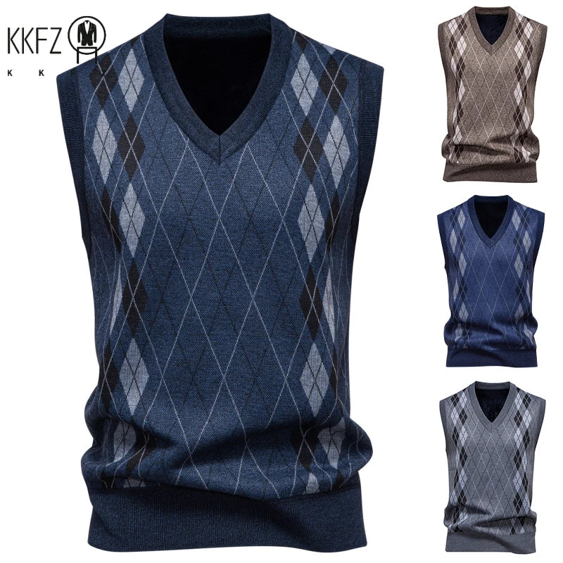 Men's V-Neck Knitted Sweater Diamond Grid Twisted Flower Casual Fashion Top for Autumn Winter Versatile Knitwear