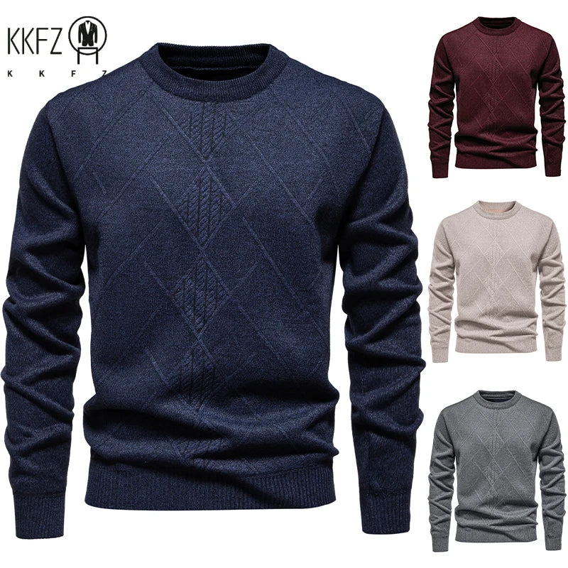 Semi Formal Male Winter Sweater Thick Fleece Lining Geometric Diamond Woven Pattern Crew Neck Long Sleeve Top