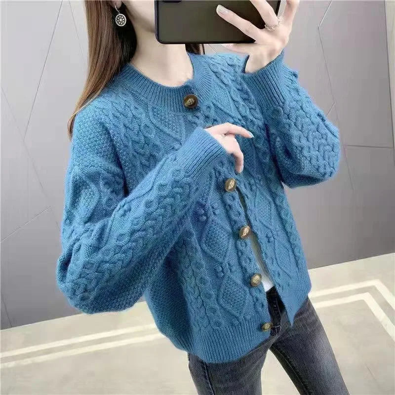 New Solid Color Twist Knitted Cardigan Women's Spring Autumn Short Ladies Sweater Coat Korean Elegant Long Sleeve Tops