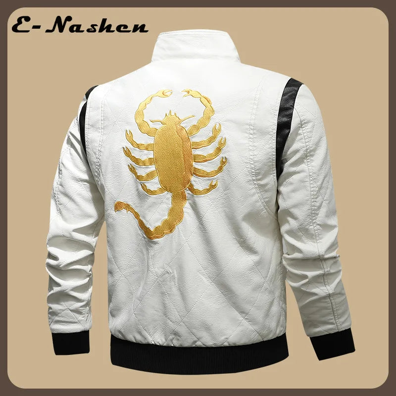 European and American-style Men's White Faux Leather Jacket; Black Hooded PU Motorcycle Coat with A Detachable Hood.