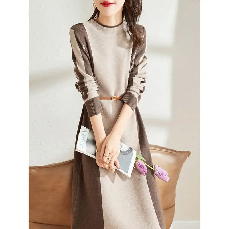 Fashion New Ladies Sweater Spring Autumn Woolen Dress Outerwear Pullover Jumper Splicing Color Women‘s Knitwear Pull Tops