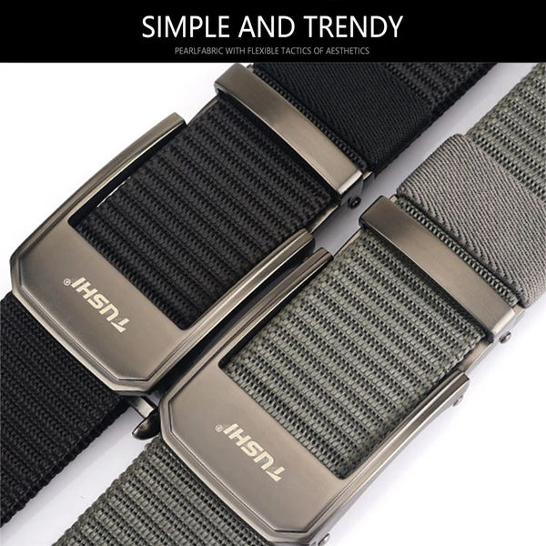 TUSHI Fashion Metal Automatic Buckle Webbing Belts For Men Thick Tough Canvas Tactical Belt Outdoor Jeans Pants Waistband Hiking
