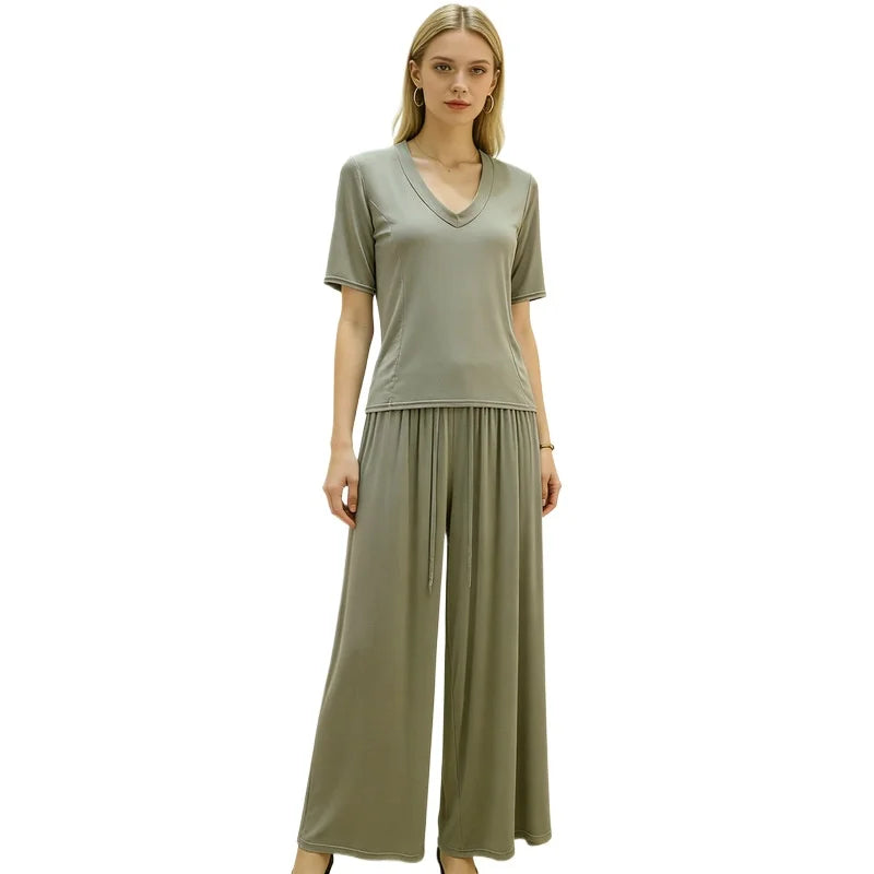 Soft Modal Sleepwear Women's Summer Pajamas Thin T Shirt Wide Leg Pants Set Loose Large Size Home Clothes  M-6XL Pijamas