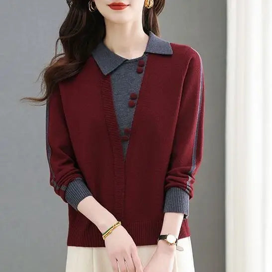 Pulls Femmes Elegant Ladies Pullover Tops Knitting Woolen Sweater Spring Autumn Lapel Long Sleeve Shirt Knitwear Clothes Women