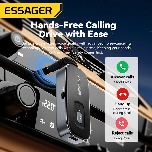 ឧបករណ៍ទទួលសំឡេងប៊្លូធូស Essager 2-in-1 ឧបករណ៍បញ្ជូនសំឡេងឥតខ្សែប៊្លូធូស 5.1 3.5mm AUX Audio Adapter សម្រាប់កាសស្តាប់ទូរទស្សន៍រថយន្ត
