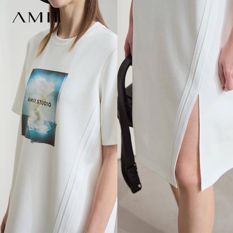 AMII Women Minimalist Summer Casual Dresses 2026 New Print Round Neck Short Sleeve Dress Lady Fashion Woman Clothes 12522003