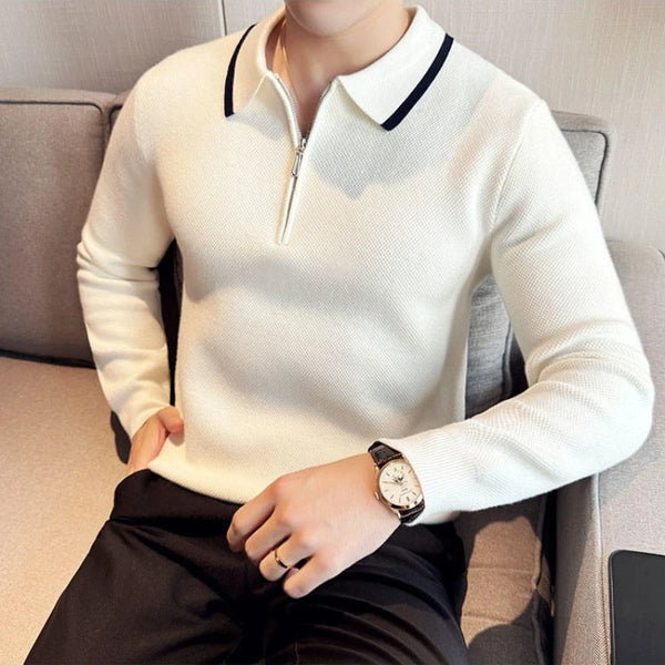 Men's Half Zip Polo Neck Knit Sweater, Color Block Design, Thick Winter Pullover, Business Casual High Collar Jumper