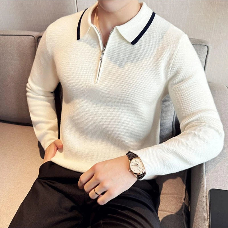 Men's Half Zip Polo Neck Knit Sweater, Color Block Design, Thick Winter Pullover, Business Casual High Collar Jumper