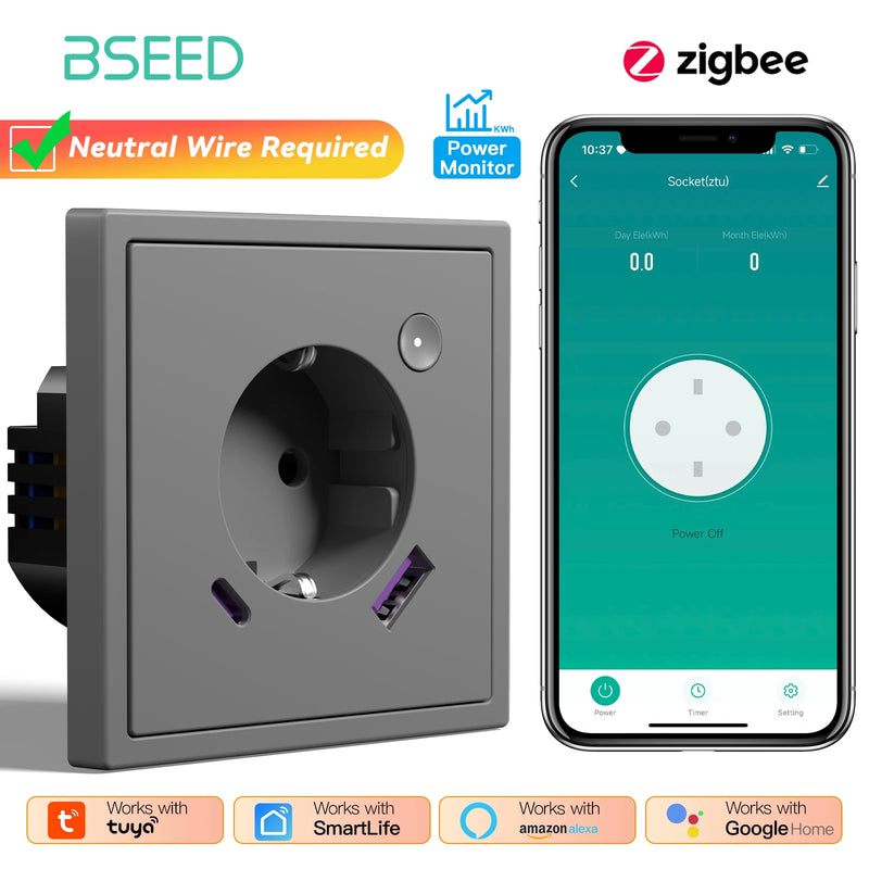 BSEED E Series Zigbee Socket Smart Power Monitor Socket 20W Fast Charge USB Type-C Port Tuya Smart Life Control Plastic Frame